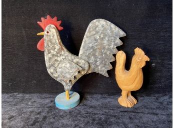 Two Carved Wood Folk Art Wooden Roosters