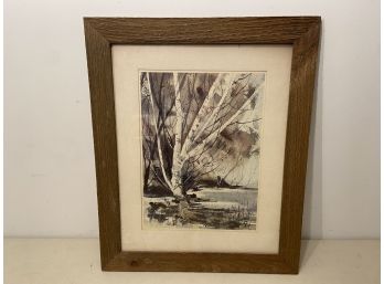 Print Of White Birch Tree With Barn In Background By George Sutherland