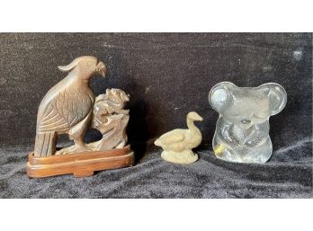 Carved Metal Bird On A Stand, Metal Duck And A Glass Bear