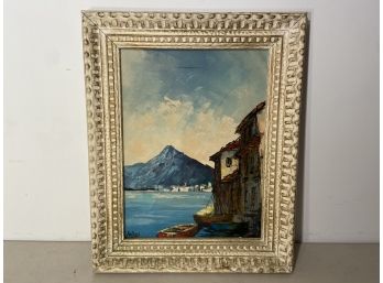 Oil On Canvas Of Waterfront And Mountains By Julius
