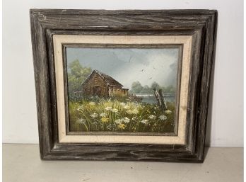 Oil On Board Of Barn With Field Of Flowers In Foreground