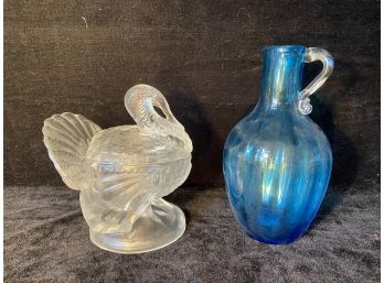 Turkey Form Glass Candy Dish And Two Colorful Blown Glass Pieces (See Description For All Photos)