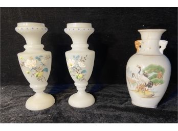 Two Hand Painted Floral Bud Vases And A Chinese Bird Themed Bud Vase