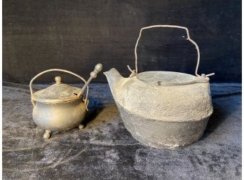 Antique Heavy Cast Iron Teapot And Kerosene Pot With Pumice Lighting Stick