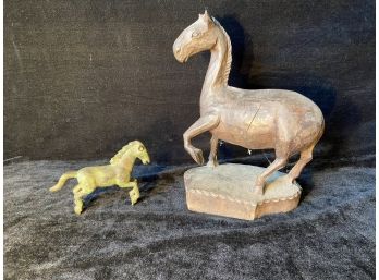 Large Carved Wooden Horse And A Smaller Cast Metal Horse