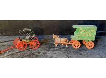 Vintage Toy Cast Iron Horse Drawn US Mail Cart Plus A John Deere Covered Surrey