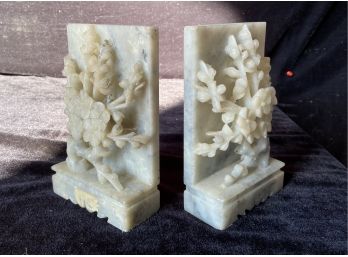Pair Of Heavy Carved Stone Floral Motif Bookends