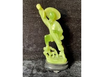 Carved Green Stone Asian Man With Dog On Wood Riser