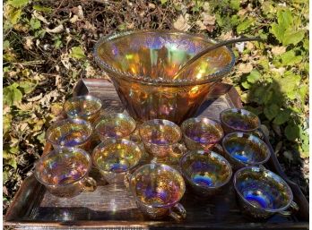 Carnival Glass Punch Bowl With 12 Still In The Box Glasses