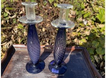 Purple Glass Candlestick Holder Set Lot 2