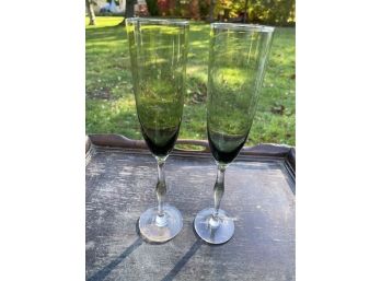 3 Green Glass Champagne Flutes