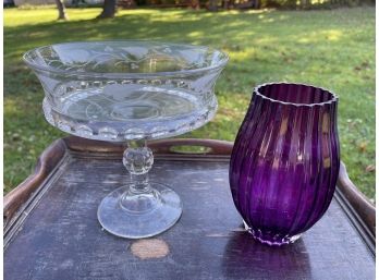 A Pedestal Dish And Purple Vase