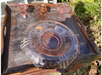 Pink Depression  Glass Candle Holders With Bowl