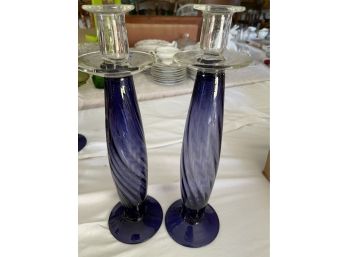 13 Inch Purple Glass Candlestick Holder Set