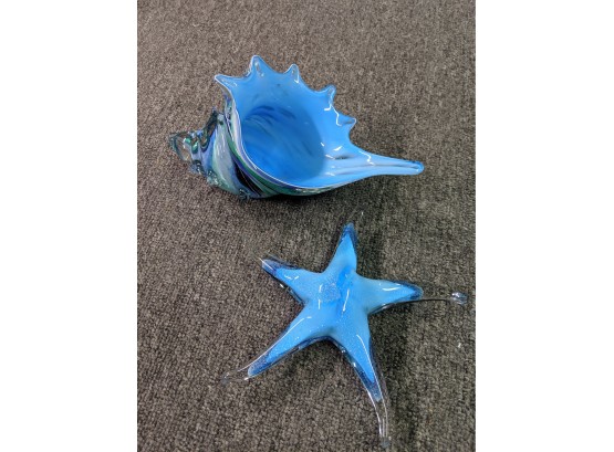 Elegant Seashore Blown Glass Conch Shell And Starfish Sculptures