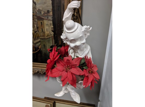 Intriguing Hanging White Ceramic Clown Planter With Imitation Red Holly - Upside Down Umbrella Plant Vessel
