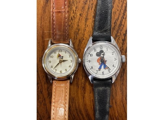 Two Lovely Mickey Mouse Watches With Leather Wristbands