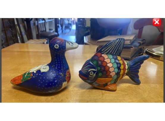 Hand Painted Terracotta Colorful Duck & Fish