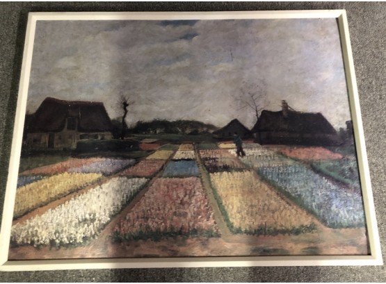Oil Painting Like Print: Lush Fields In A Small Village