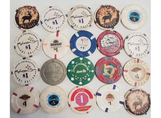 20 Assorted Casino Gaming Chips - For Collecting: Mohegan Sun, Trump World, Tropicana, Atlantic City, Sands AC