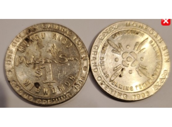 For Collecting Purposes: Two 1996 Mohegan Sun Commemorative ' Grand Opening' One Dollar Gaming Tokens 1996