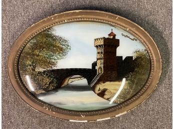 VC Castle Scapes Painting: Antique ReverseAntique Reverse Painting Framed Convex Oval Glass
