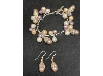 Lovely Sterling Silver Cased Pearls Earrings And Bracelet