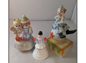 Three Happy Clown Figurines- 2 Music Boxes &  A Bell