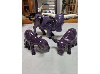 Purple, Ceramic Bull And Calves