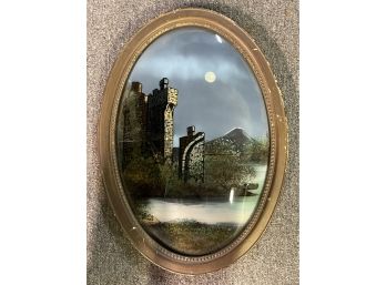Castle Scapes Painting: Antique Reverse Painting Framed Convex Oval Glass