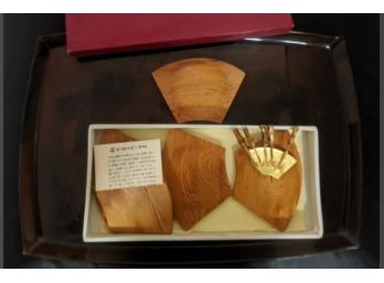 Hand Crafted Asian Wood Dishes And Food Picks With Serving Tray