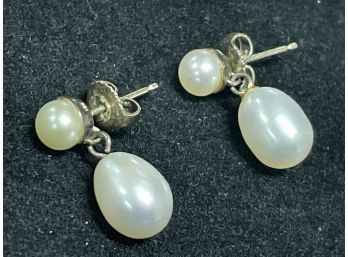 Lovely Pair Of Pearl Earrings Set In Sterling Silver