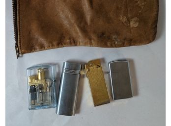 Four Vintage Lighters And A Random Leather Pouch - Zippo & A Thoren's Plus Two More