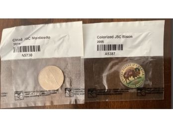 Lot Of 2 Colorized Nickels. 2005 Bison And 2006 Monticello. Sealed In Retailers Packaging.