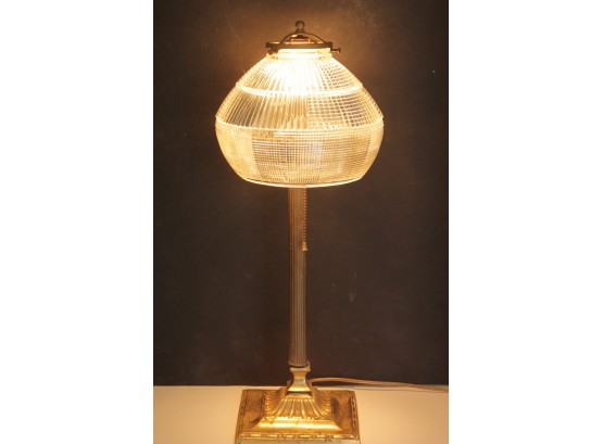 Unique Brass & Copper Table Lamp With A Crystal Glass Shade