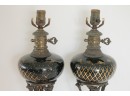 Tall Pair Of Vintage Brass & Painted Glass Table Lamps
