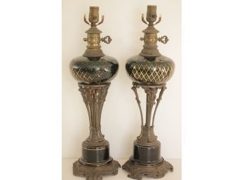 Tall Pair Of Vintage Brass & Painted Glass Table Lamps
