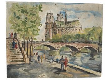 1960s Oil On Board Of Paris / Notre Dame 19' X 15'