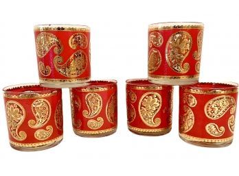 Six MCM Culver Gold And Red Paisley On The Rocks Glasses