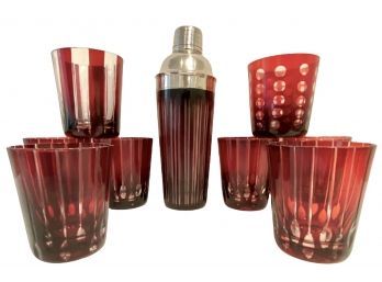 A Set Of Ruby Cased On-The-Rocks Glasses With Cocktail Shaker From Lillian August