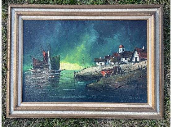 A Large Vintage Oil On Canvas Harbor Scene, Signed