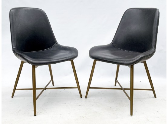 A Pair Of Modern Brass Framed Side Chairs In Slate Grey Leather