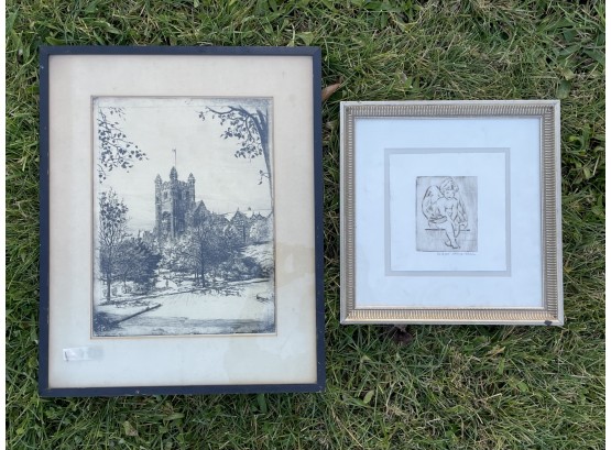 An Antique Cathedral Etching And Vintage Angel Sketch