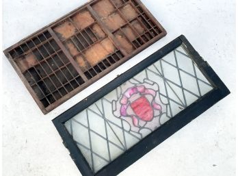 An Antique Stained Glass Window Transom And Printer's Drawer