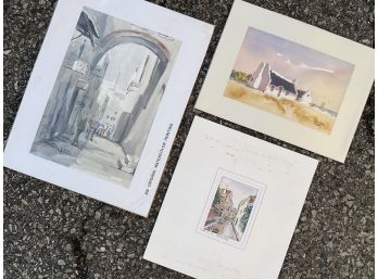 A Trio Of Vintage Watercolors, Unframed