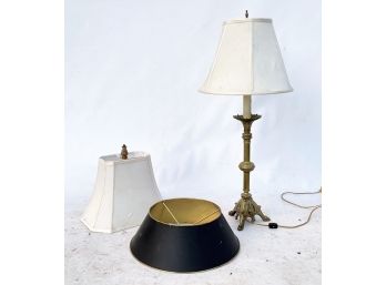 A Vintage Brass Lamp And Assorted Shades