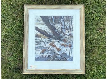 A Framed Vintage Print, 'Quails In Snow' Signed Maass
