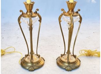 A Pair Of Elegant Brass And Crystal Lamps