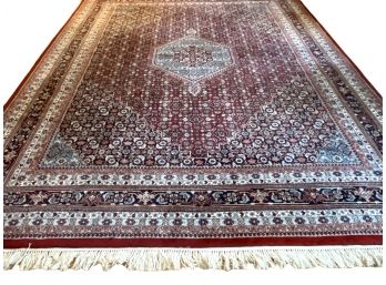Hand Loomed Flatweave Wool Bijar Fringed Rug With Center Medallion Design Made In India