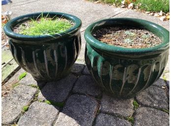 Large Clay Dark Green Planters Lot Of 2
